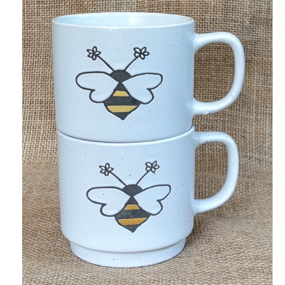 Heartland Hive Speckled Bumble Bee Stackable Coffee Mug Cup Set Whimsical Cute